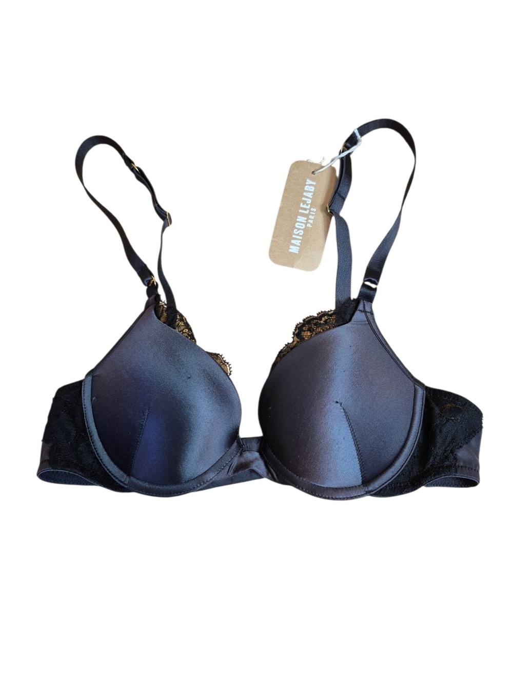 Maison Lejaby Paris Black Satin Lace Underwire Bra NWT Size 32A